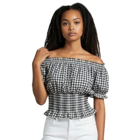 Frankies Bikinis Cider Black Gingham Off-Shoulder Smocked Blouse NWT - Size M - Picture 1 of 5